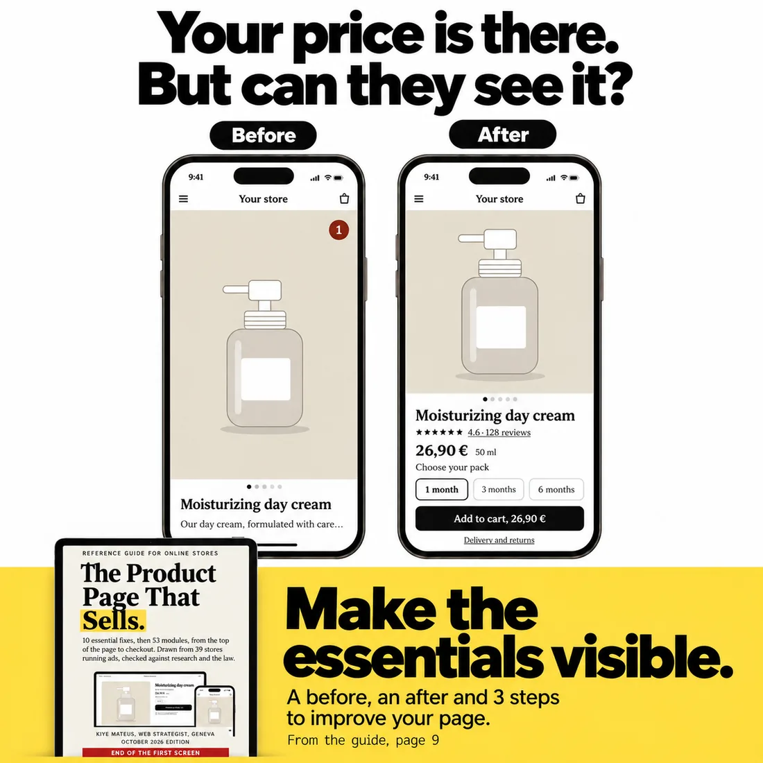 Before and after of a product page on a phone, from page 9 of the guide