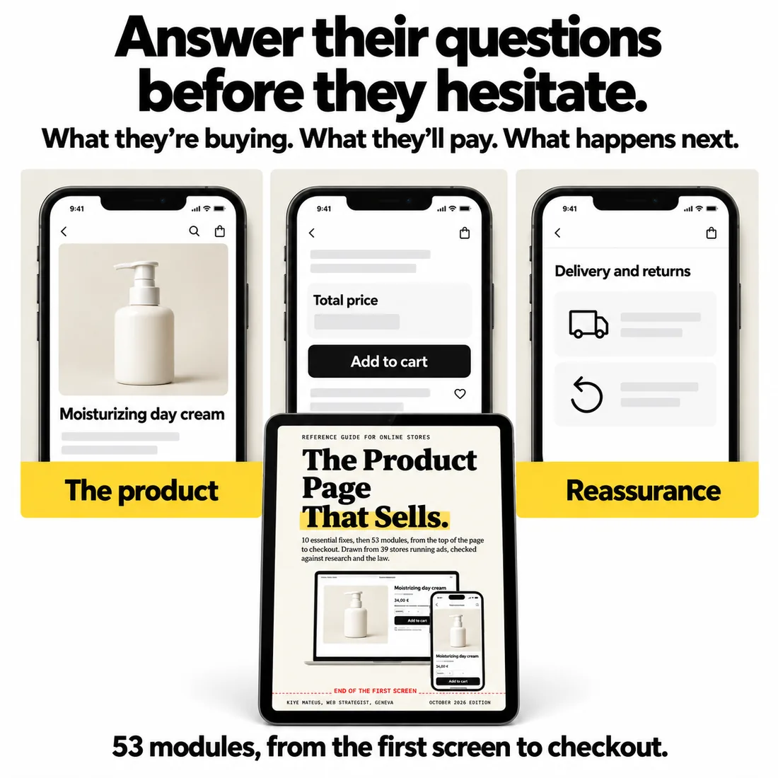 The product, the price, the reassurance: 53 modules from the first screen to checkout