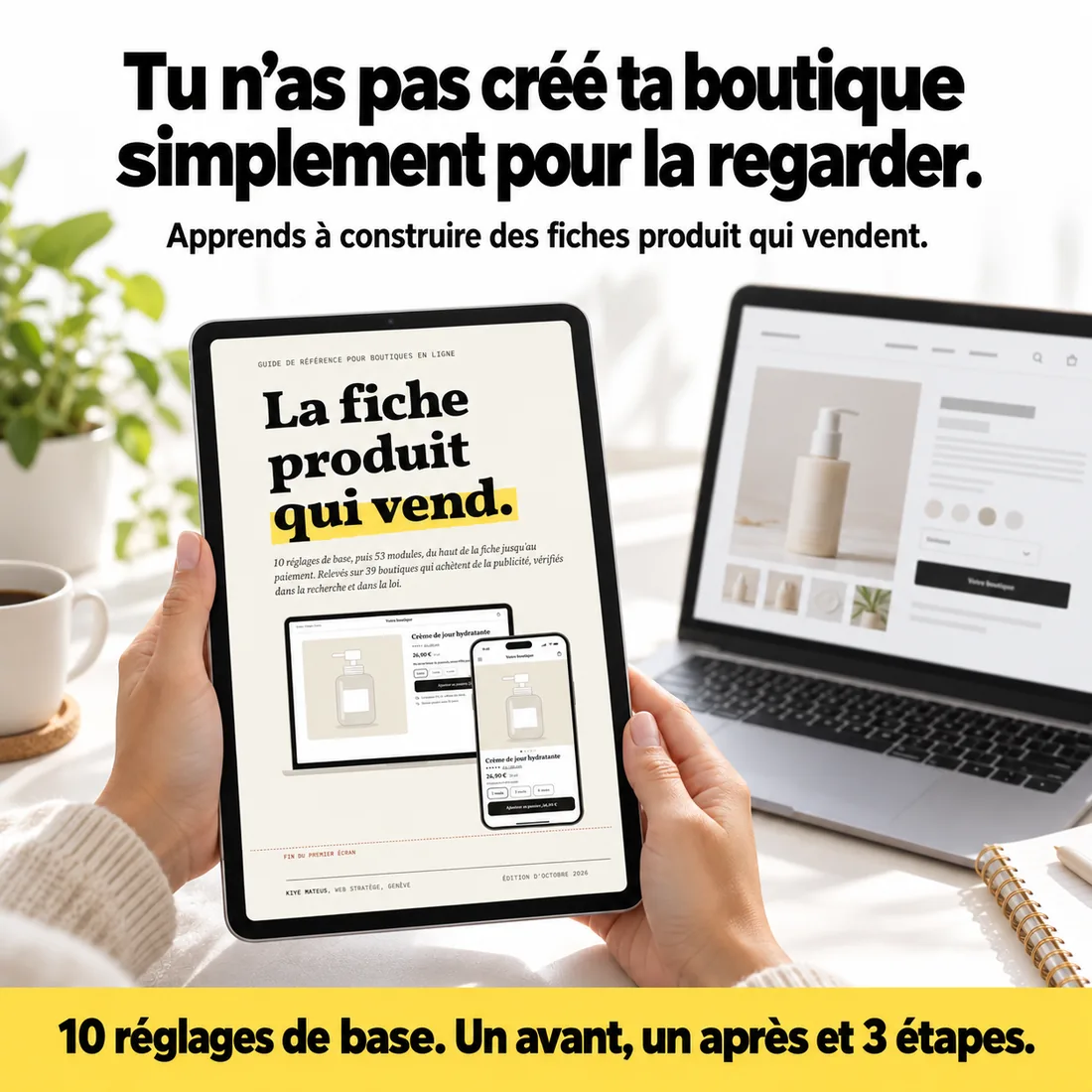 Le guide tenu en main sur une tablette, une boutique en ligne ouverte à côté