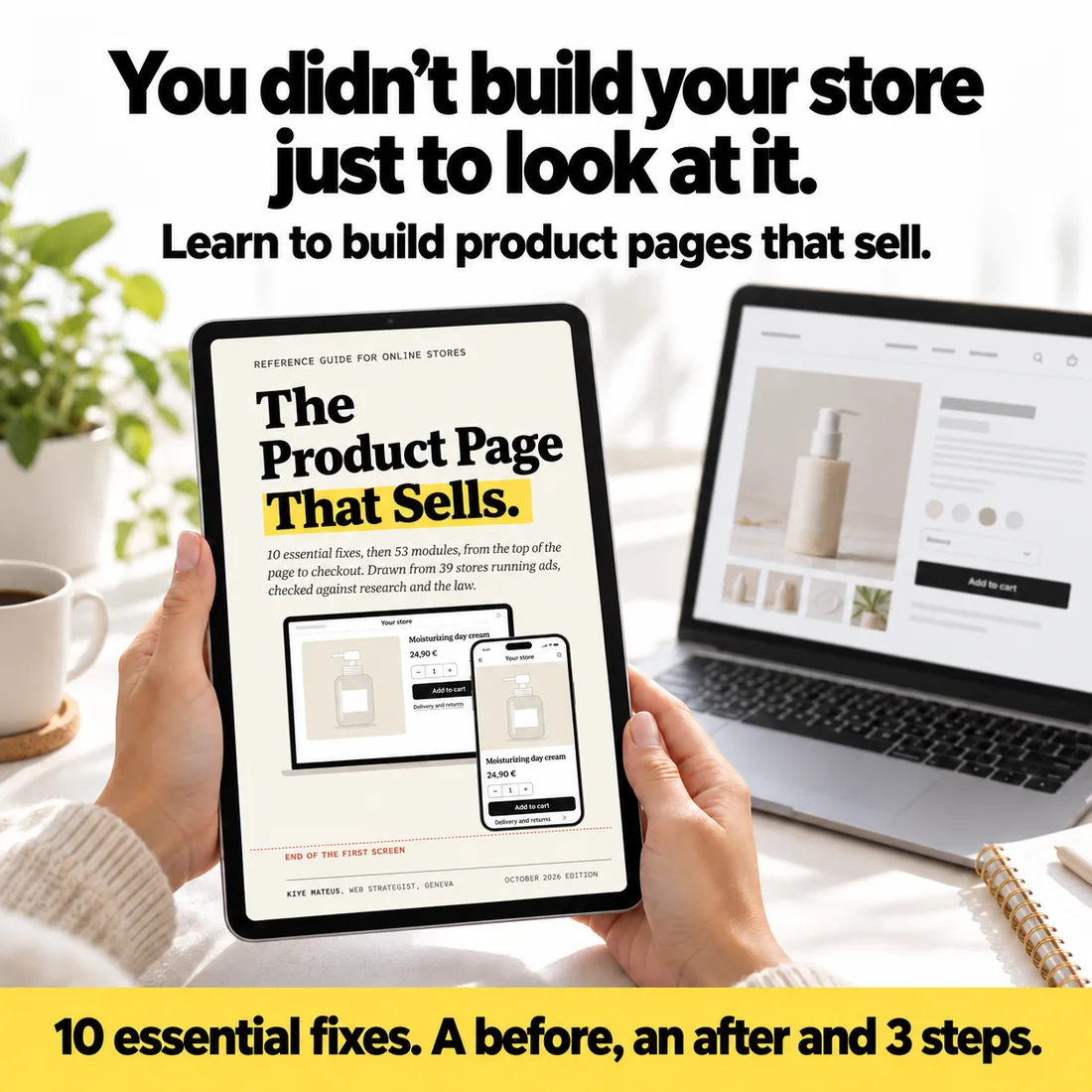 The guide held on a tablet, an online store open beside it