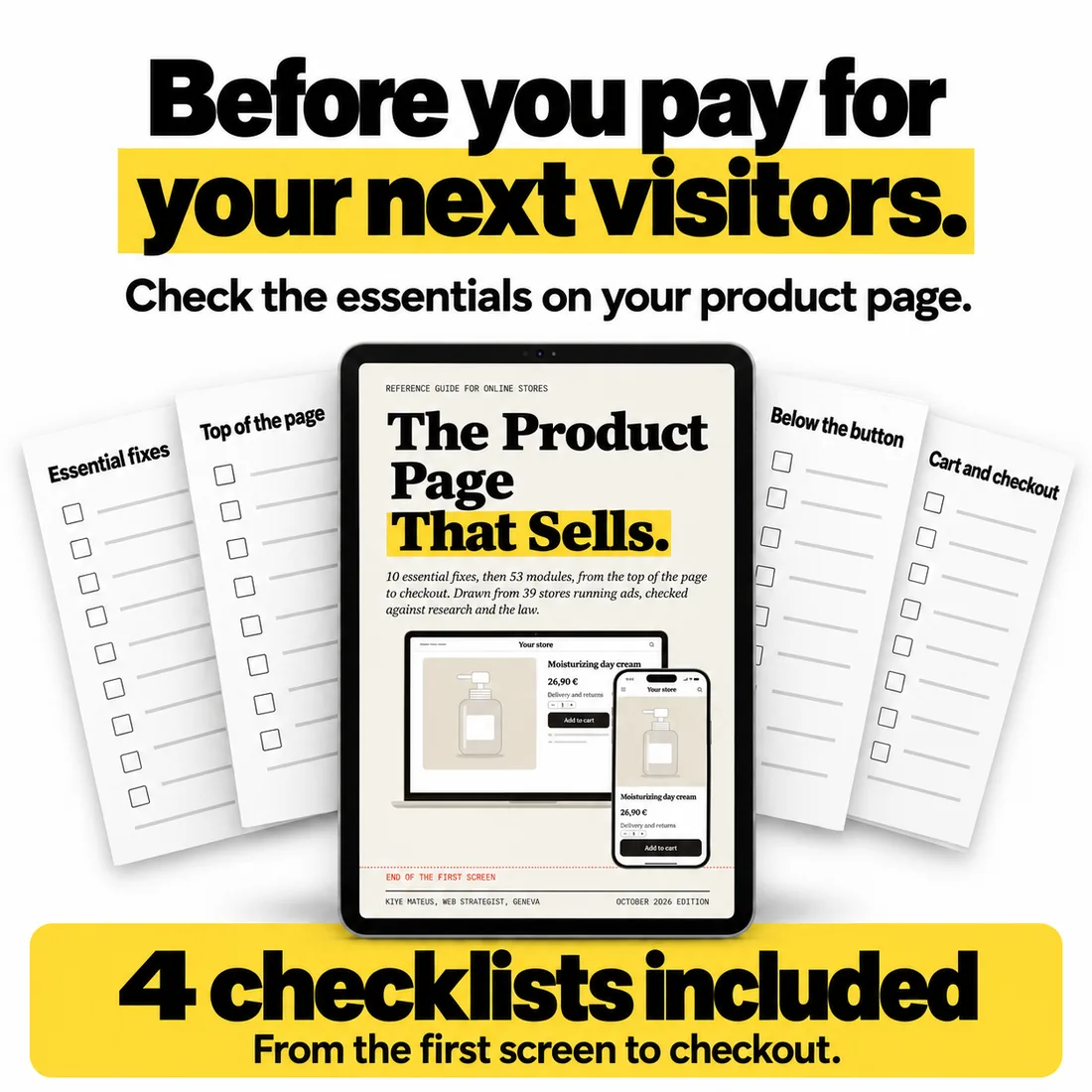 The 4 included checklists, from the first screen to checkout